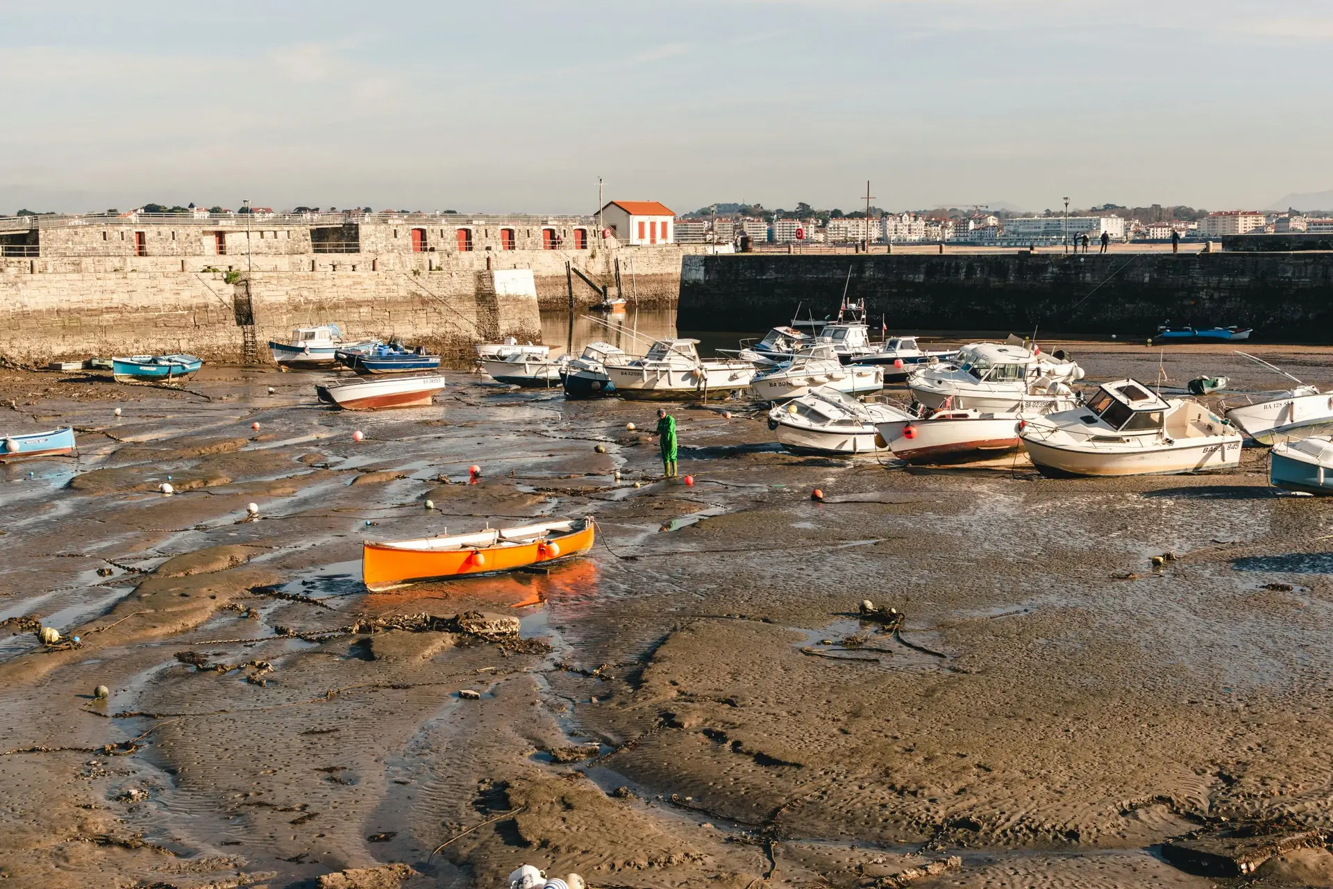 A serene coastal harbor during low tide showing boats on muddy shorelines under the sunlight.